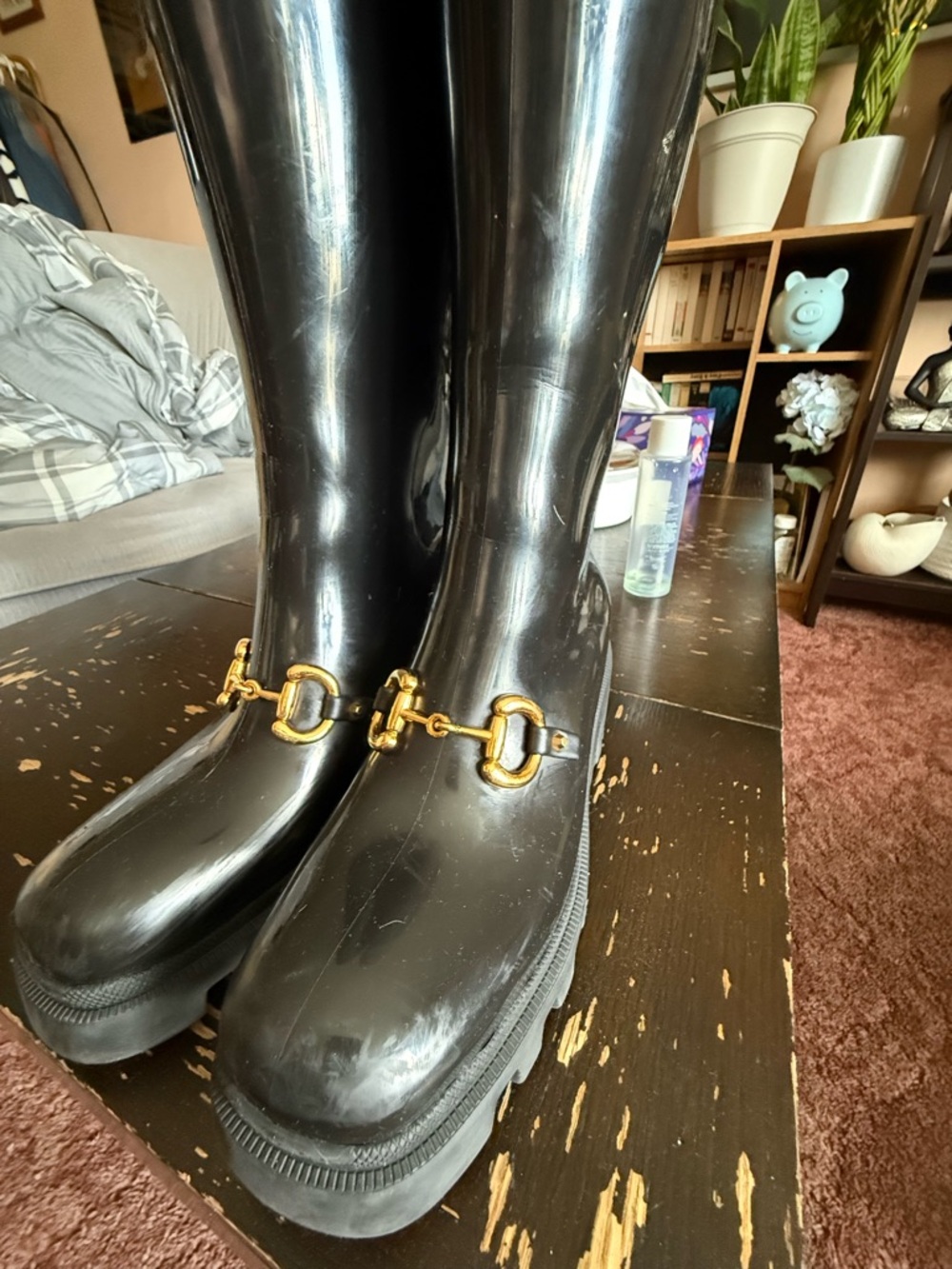 Gucci Black Glossy Tall Rain Boots with Gold Horsebit - Picture 2 of 9